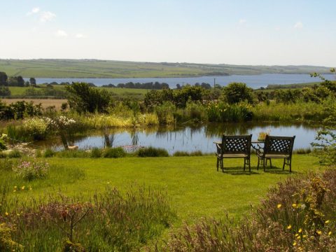 Cae Newydd, Rhosgoch, Anglesey,  A garden which blends seamlessly into the surrounding landscape with stunning views of Snowdonia and Llyn Alaw.  Hay meadow best seen in June.