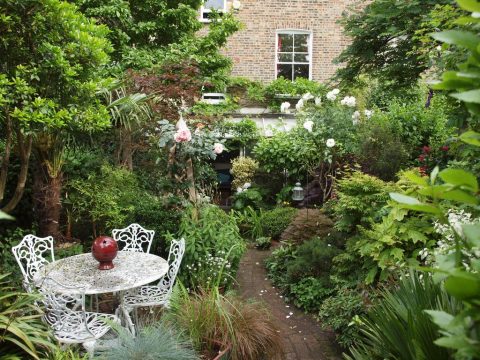 62 Hungerford Road, London N.7.  A densely planted mature garden with several different seating areas.