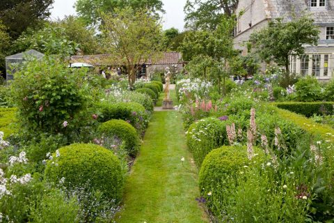 The Old Rectory, Limington, Nr. Yeovil, Somerset.  A romantic walled garden with formal parterres and herbaceous borders.
